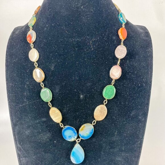 Statement Multicolor Oval Stones Agate Necklace With Teardrop Pendant - Picture 1 of 4